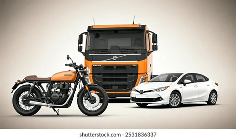 A motorcycle, truck and car — every vehicle type we handle licensing for